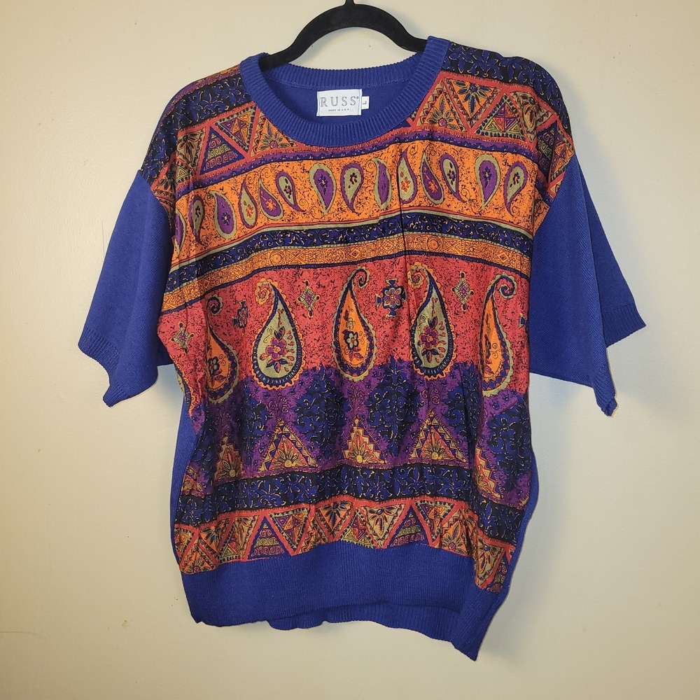 RUSS Made USA‎ L Paisley Sweater Top Boho 90s Vintage Colorblock Purple Short...